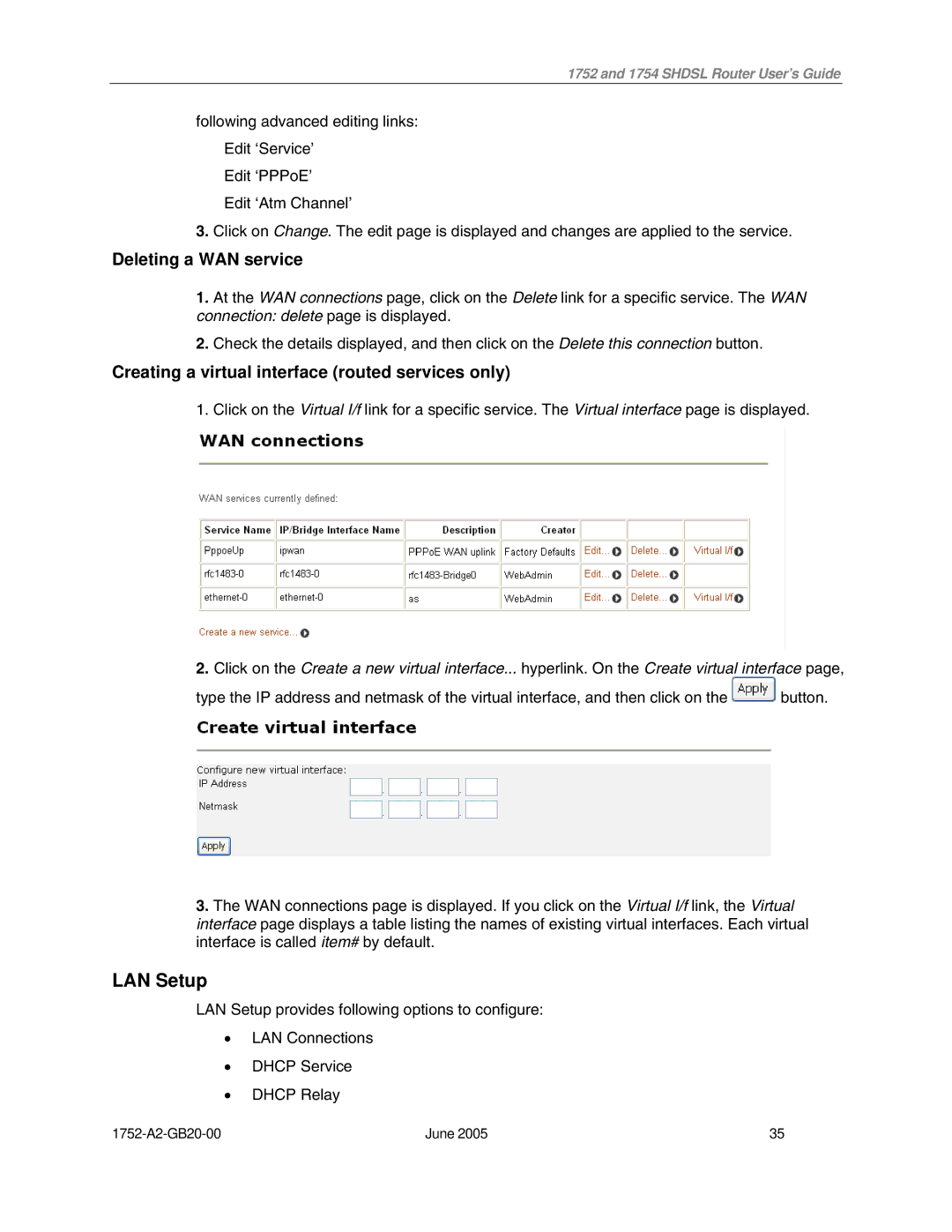 Paradyne 1754 manual LAN Setup, Deleting a WAN service, Creating a virtual interface routed services only 