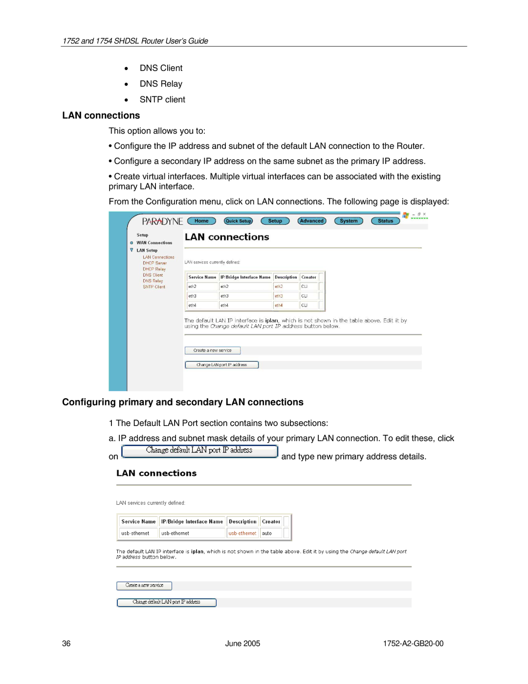 Paradyne 1754 manual Configuring primary and secondary LAN connections 