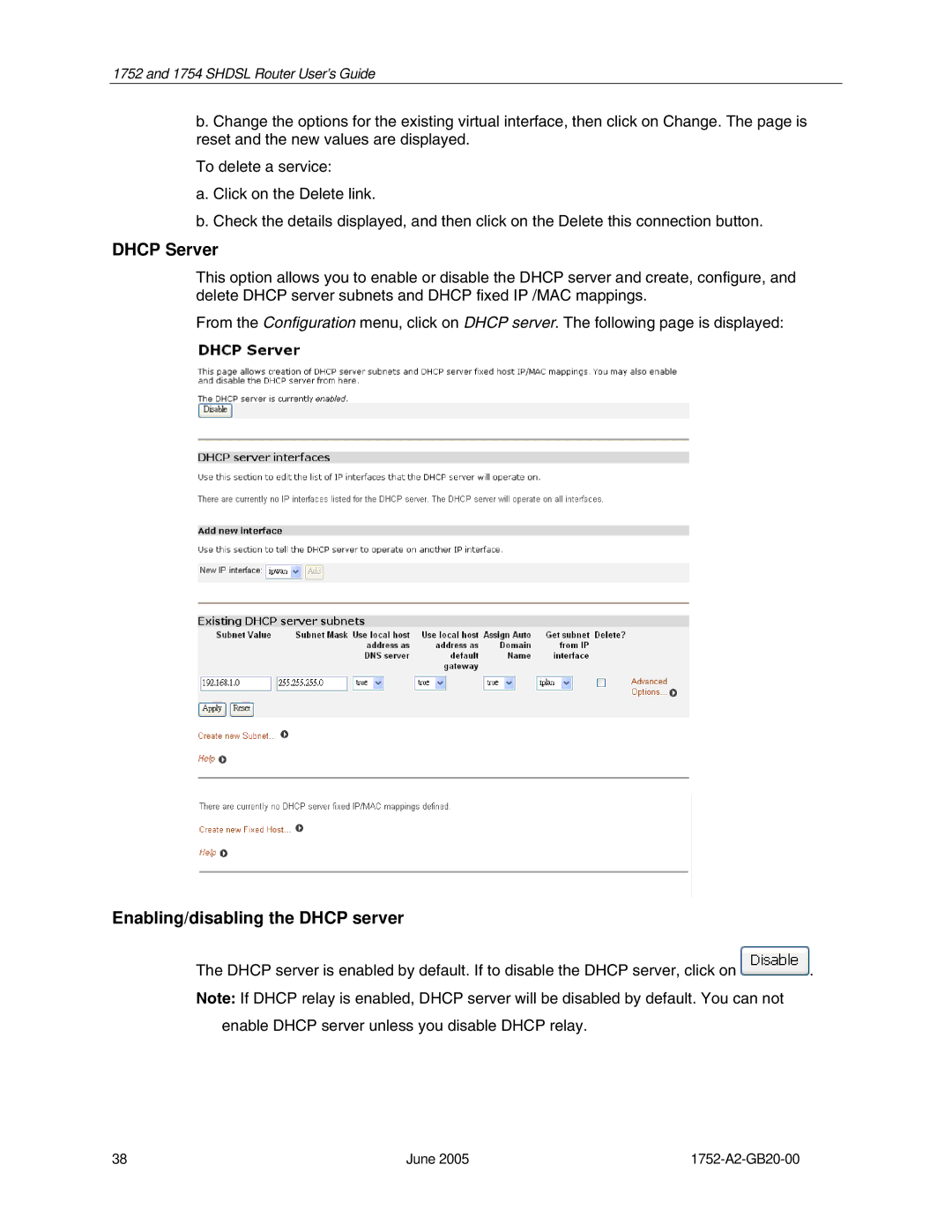 Paradyne 1754 manual Dhcp Server, Enabling/disabling the Dhcp server 