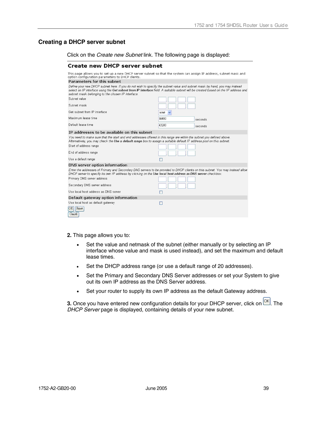 Paradyne 1754 manual Creating a Dhcp server subnet 