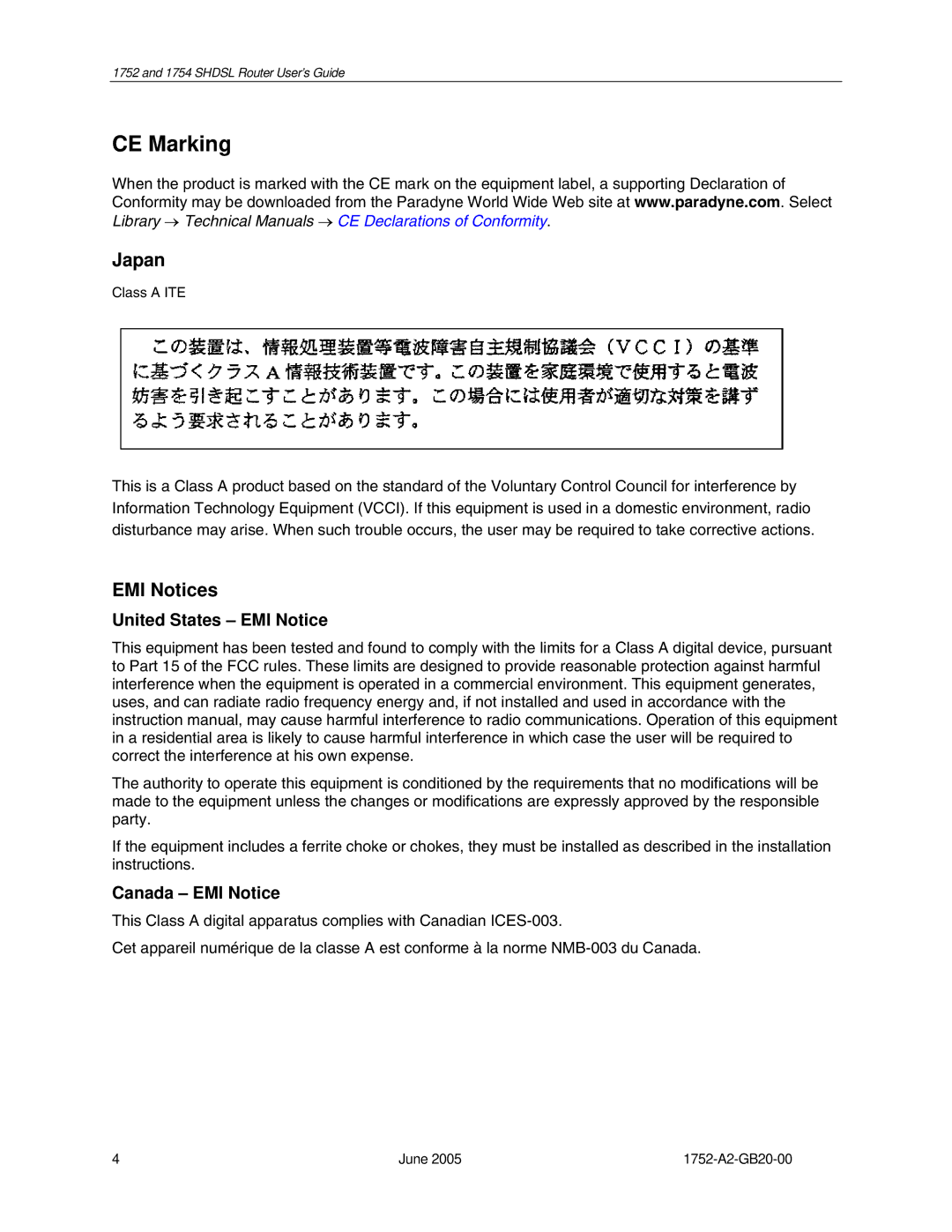 Paradyne 1754 manual Japan, EMI Notices, United States EMI Notice, Canada EMI Notice 