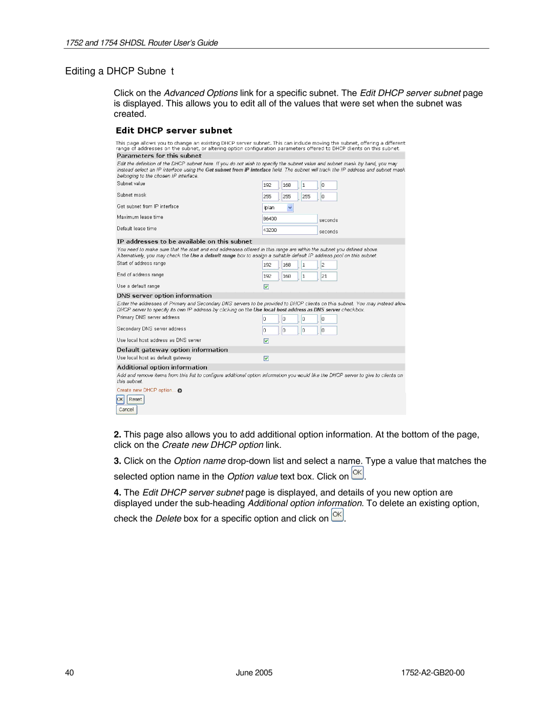 Paradyne 1754 manual Editing a Dhcp Subnet 