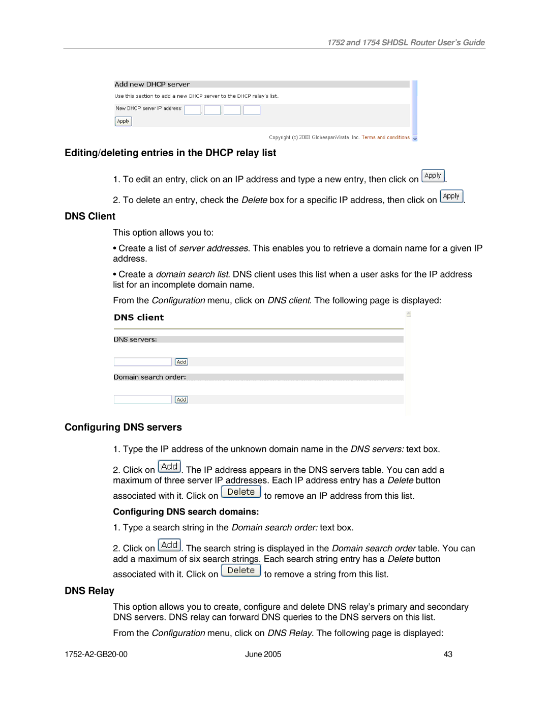 Paradyne 1754 manual Editing/deleting entries in the Dhcp relay list, DNS Client, Configuring DNS servers, DNS Relay 