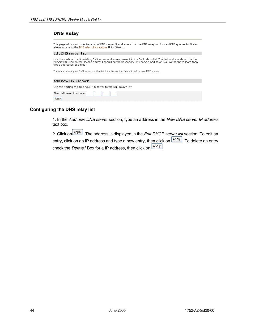 Paradyne 1754 manual Configuring the DNS relay list 