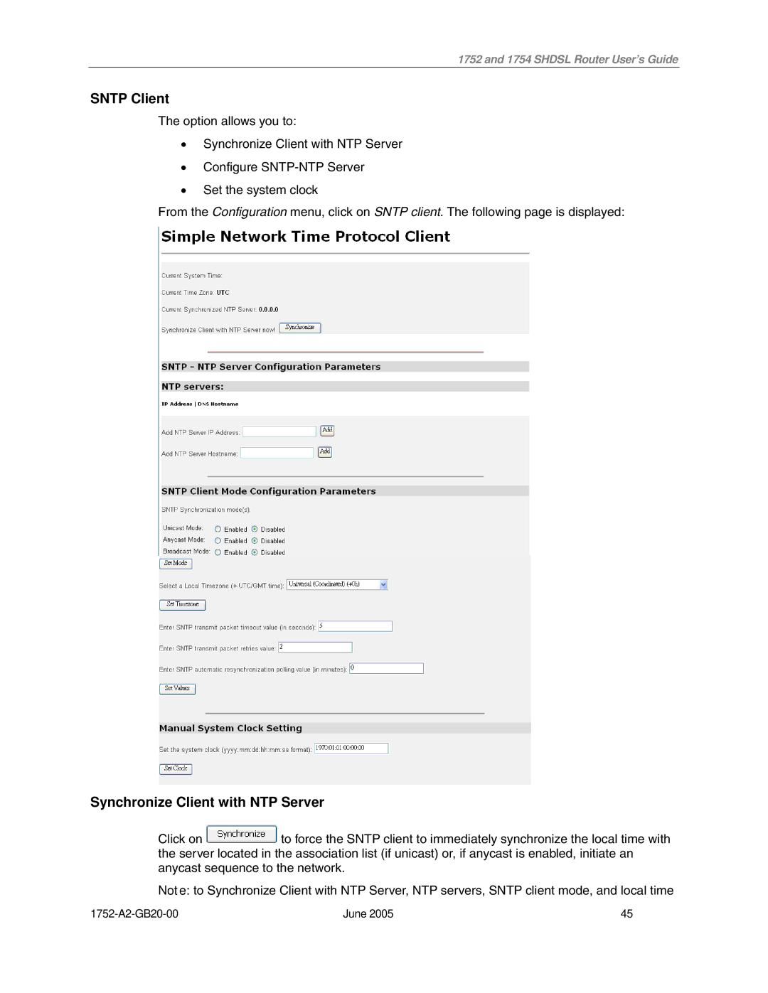 Paradyne 1754 manual Sntp Client, Synchronize Client with NTP Server 