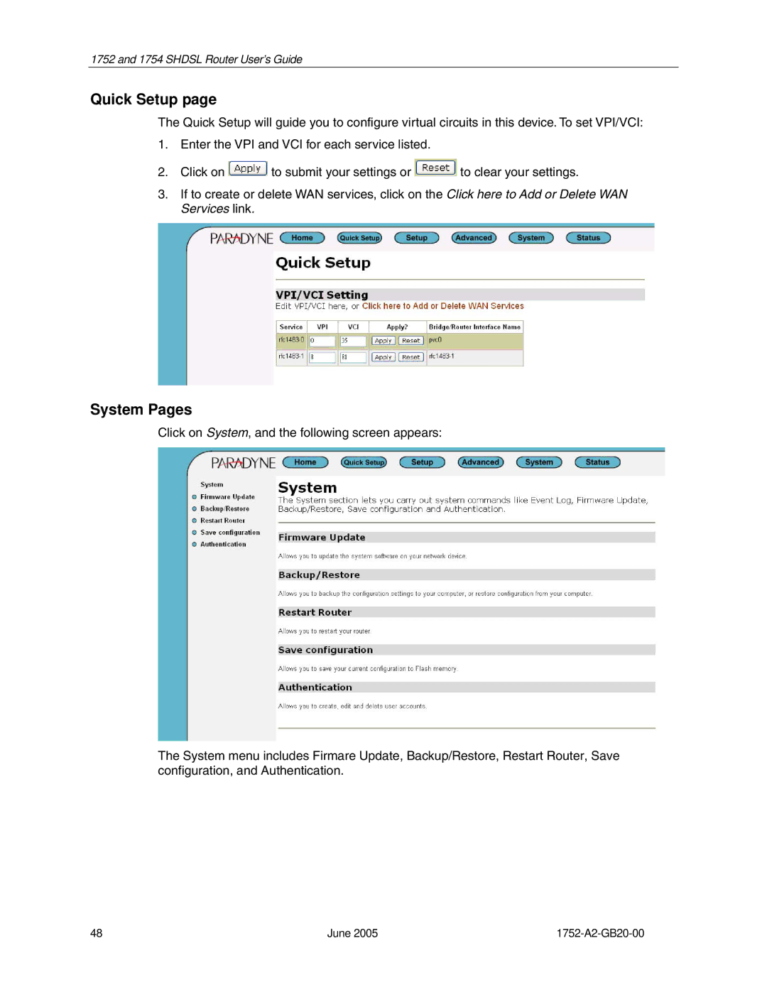 Paradyne 1754 manual Quick Setup, System Pages 