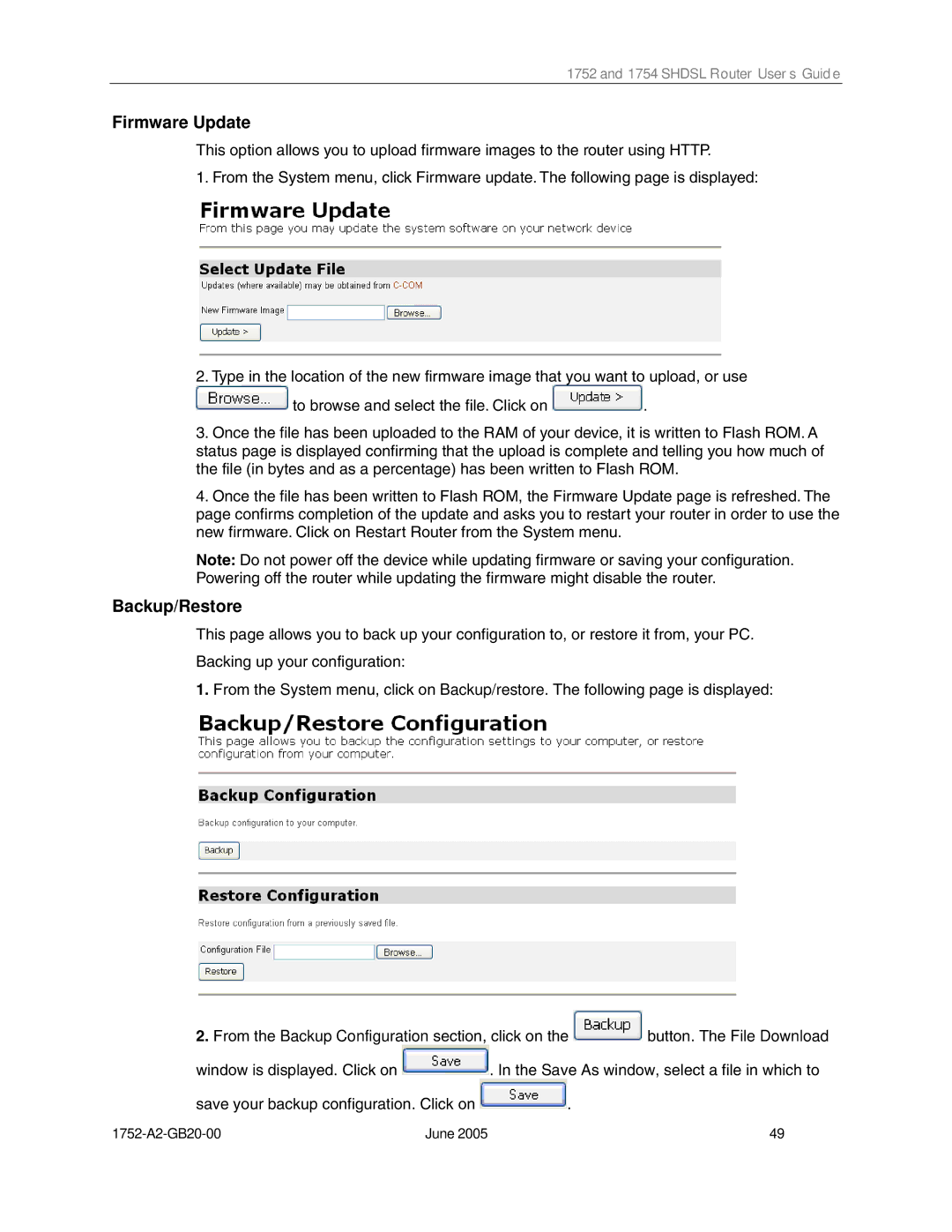 Paradyne 1754 manual Firmware Update, Backup/Restore 