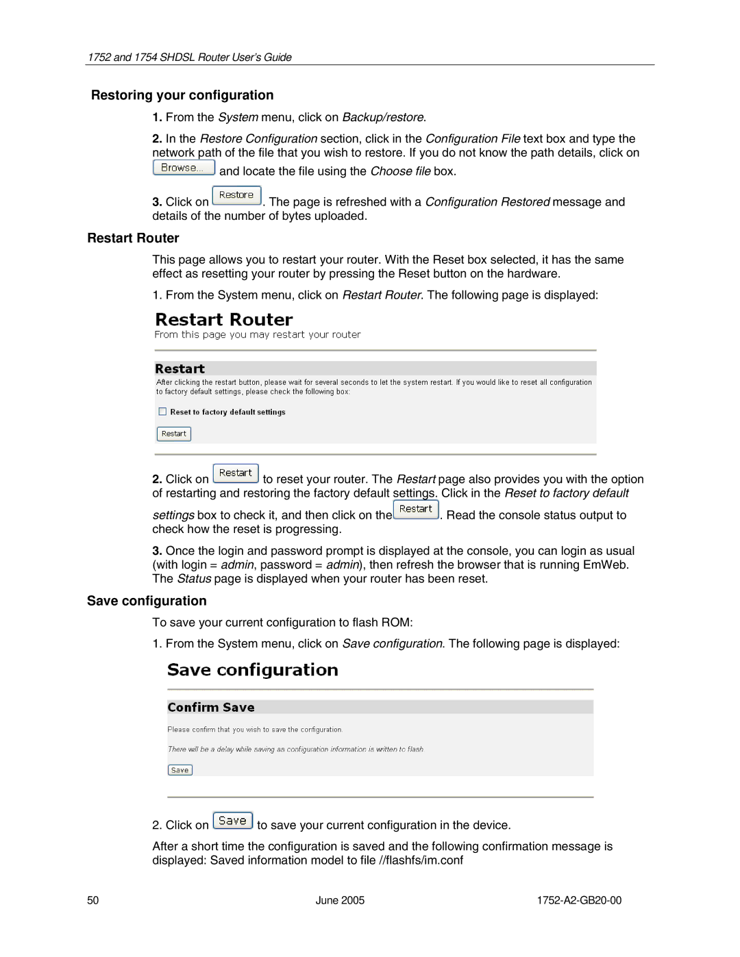 Paradyne 1754 manual Restoring your configuration, Restart Router, Save configuration 