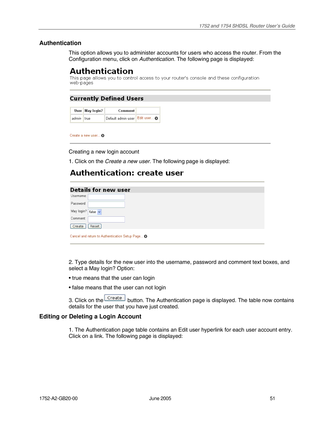 Paradyne 1754 manual Authentication, Editing or Deleting a Login Account 