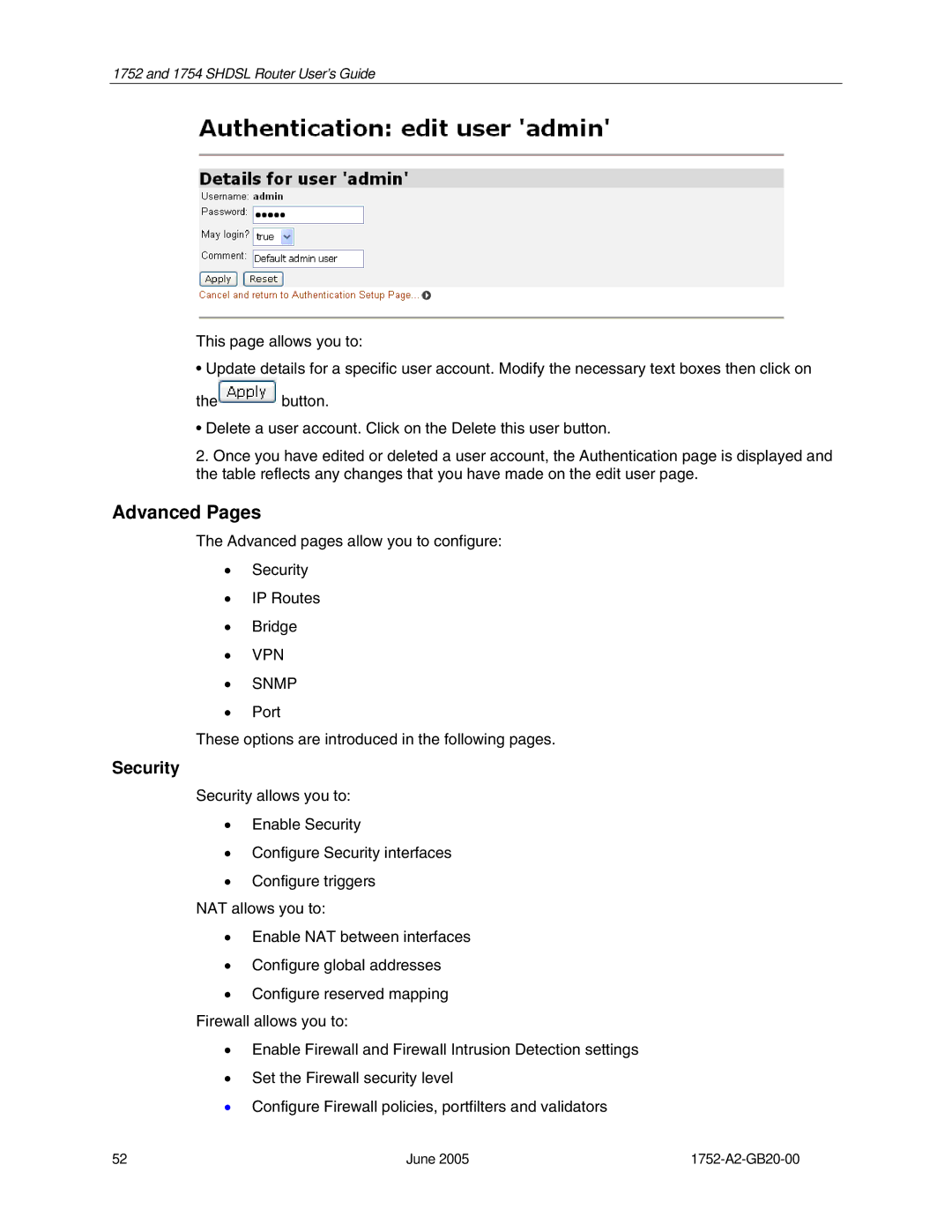 Paradyne 1754 manual Advanced Pages, Security 