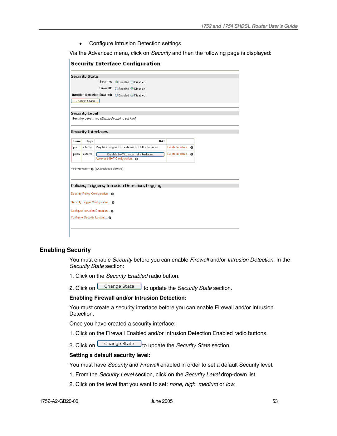 Paradyne 1754 manual Enabling Security, Enabling Firewall and/or Intrusion Detection 