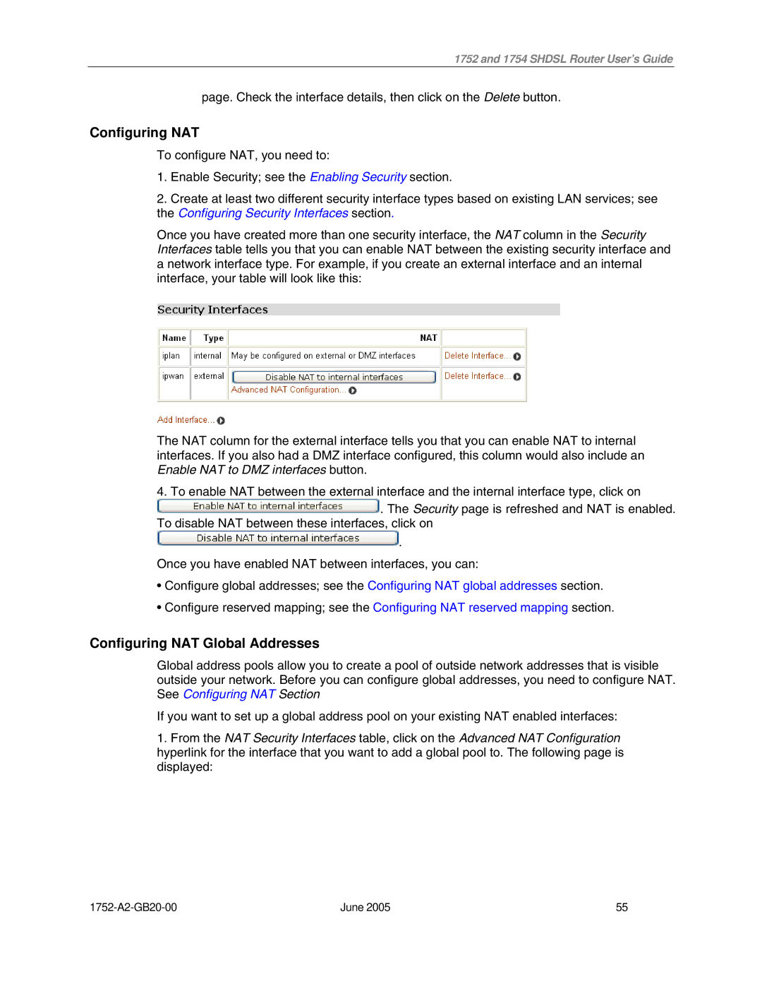 Paradyne 1754 manual Configuring NAT Global Addresses 