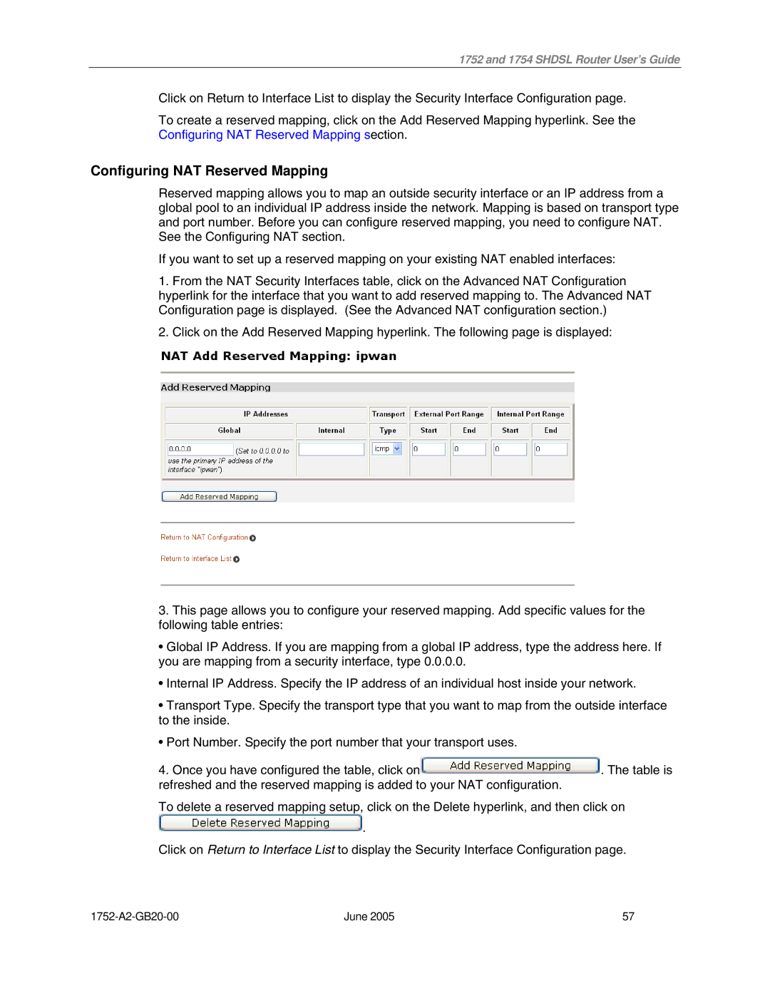 Paradyne 1754 manual Configuring NAT Reserved Mapping 