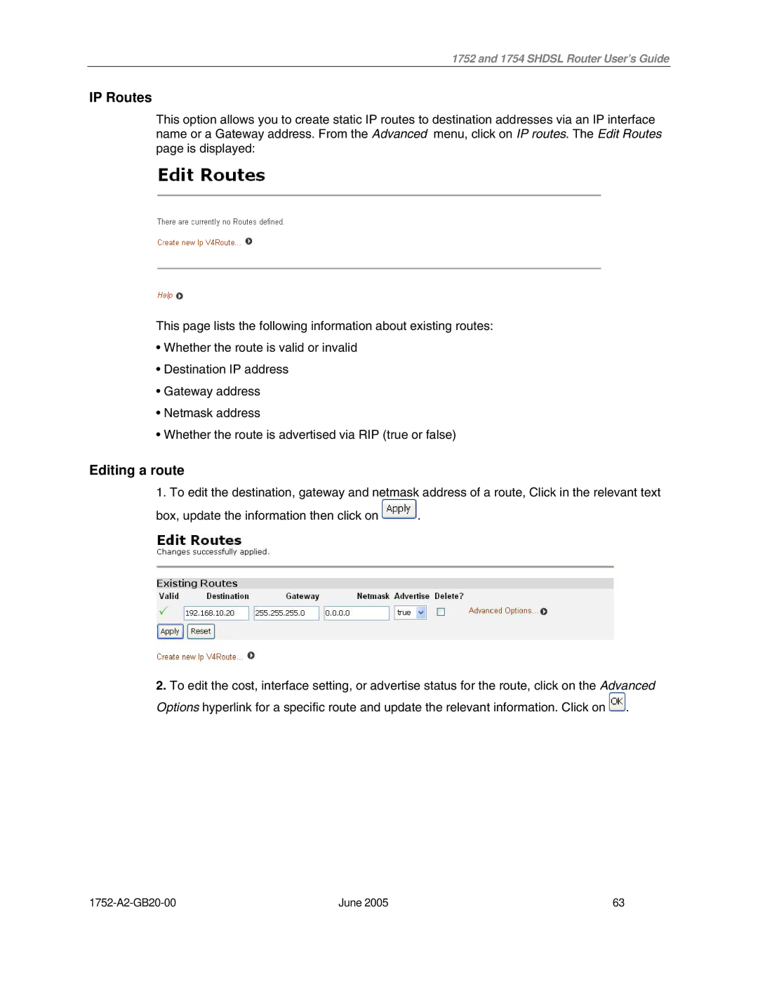 Paradyne 1754 manual IP Routes, Editing a route 