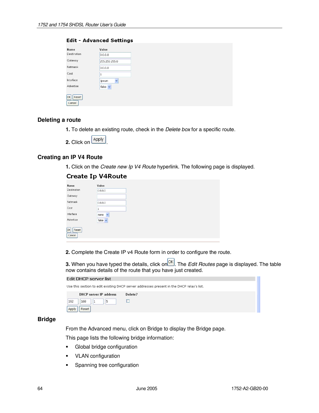 Paradyne 1754 manual Deleting a route, Creating an IP V4 Route, Bridge 