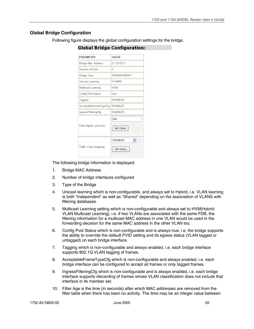 Paradyne 1754 manual Global Bridge Configuration 