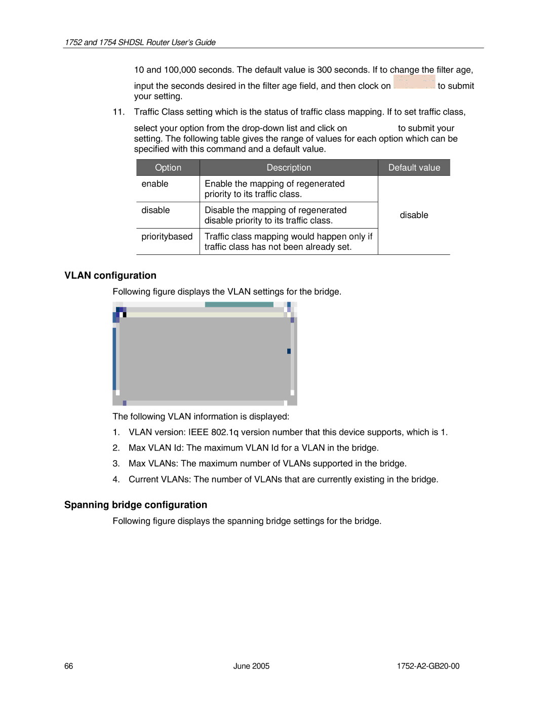 Paradyne 1754 manual Vlan configuration, Spanning bridge configuration 