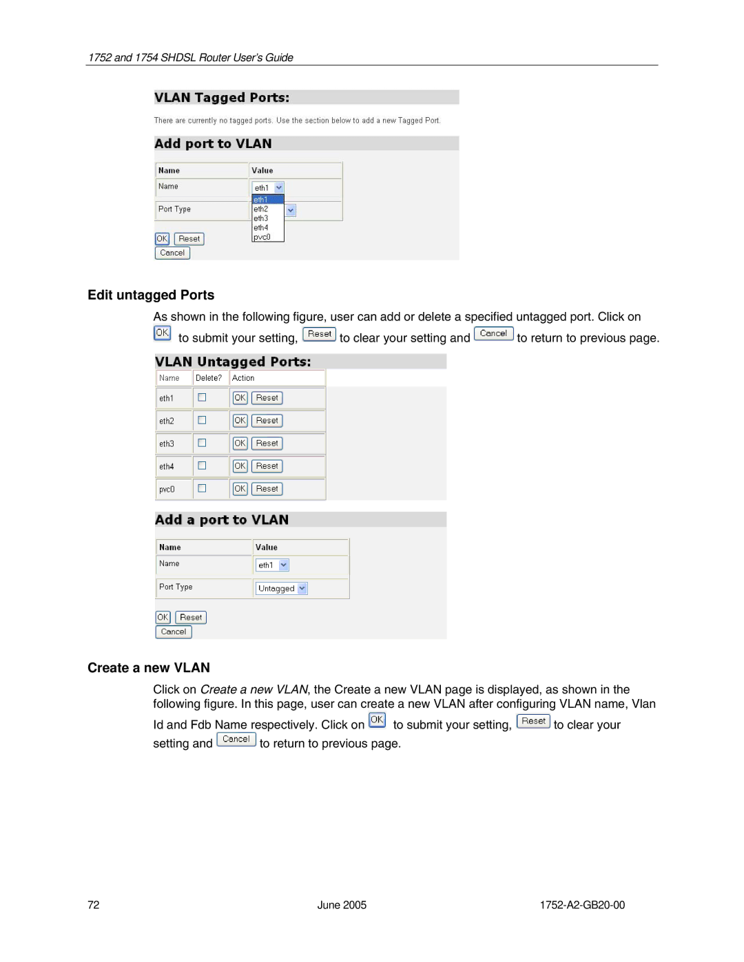 Paradyne 1754 manual Edit untagged Ports, Create a new Vlan 