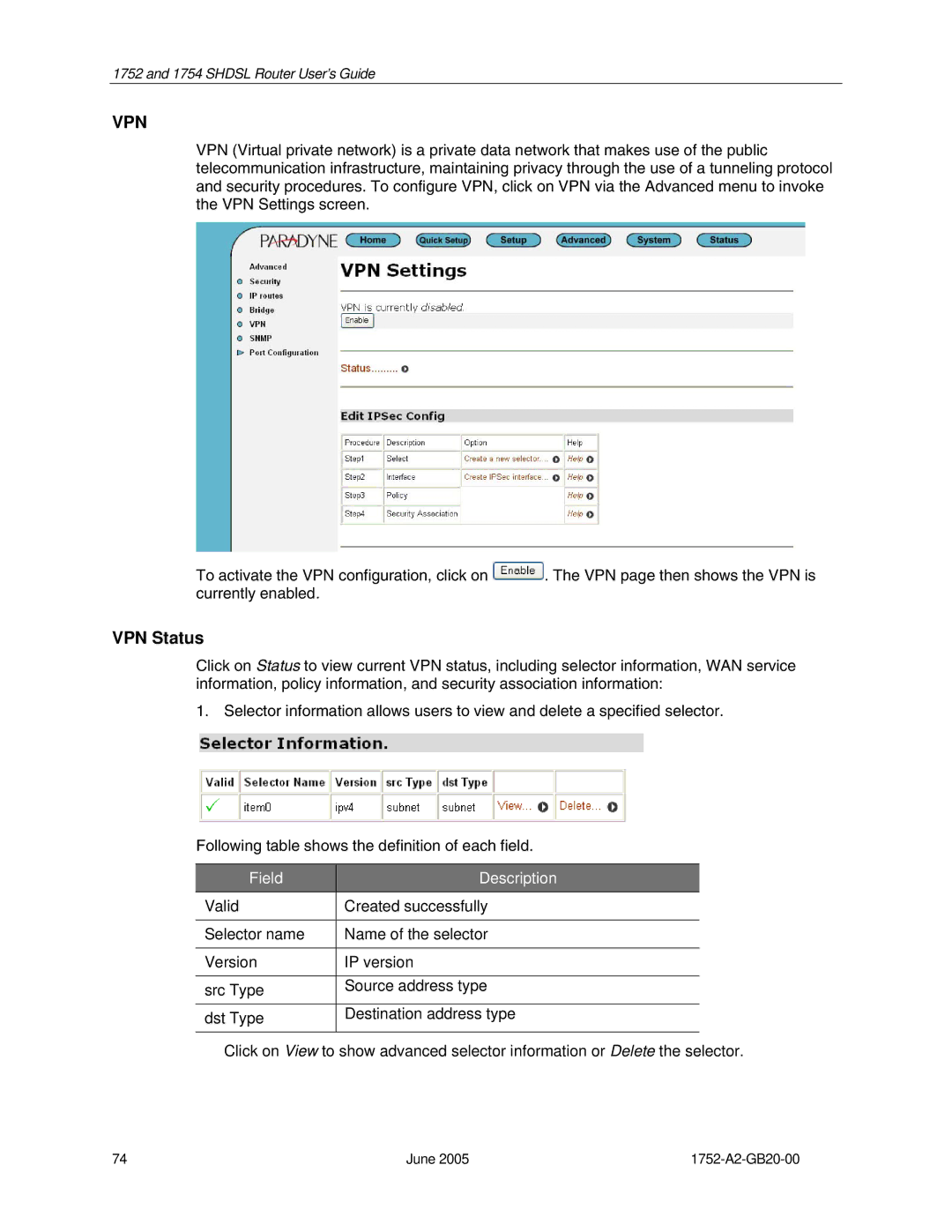 Paradyne 1754 manual Vpn, VPN Status 