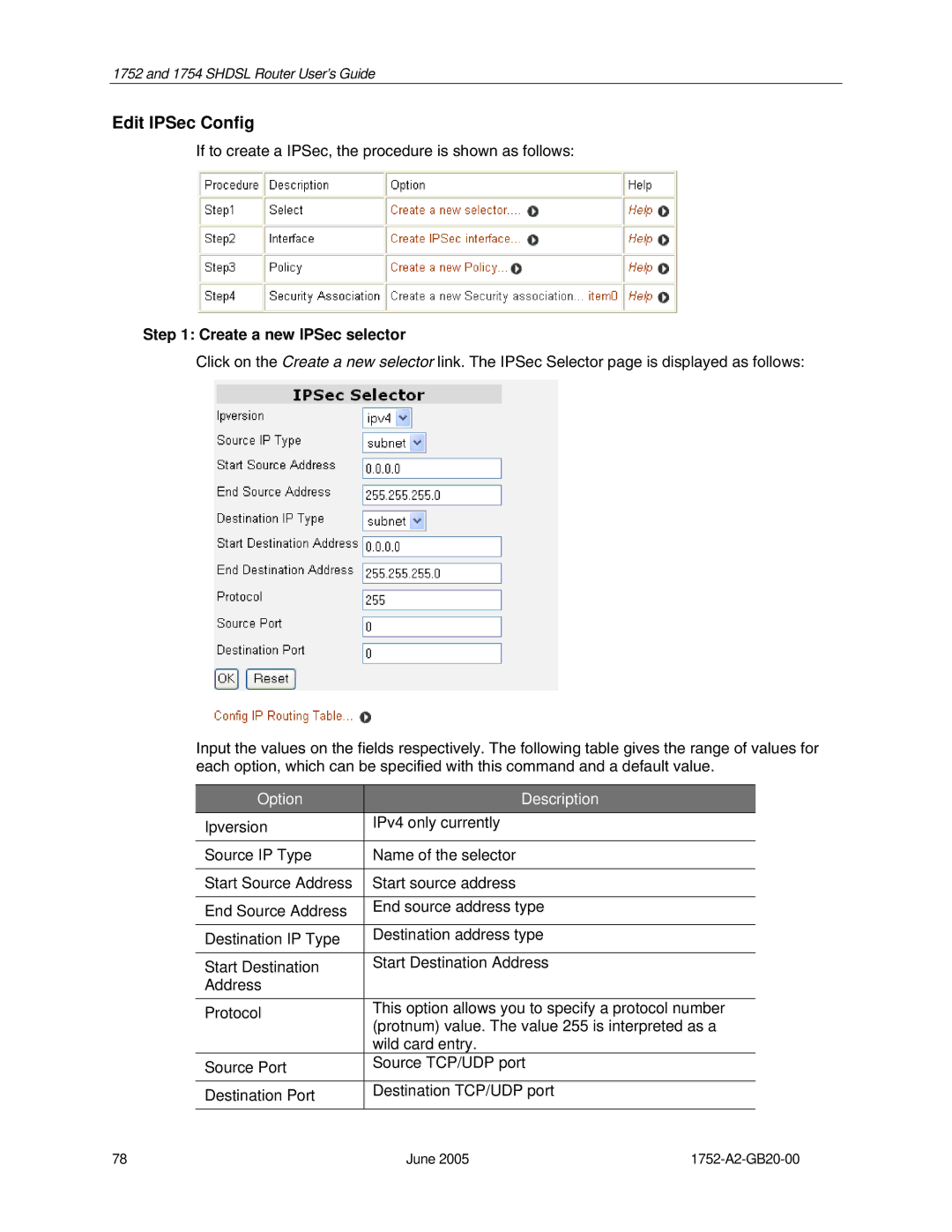 Paradyne 1754 manual Edit IPSec Config, Create a new IPSec selector 