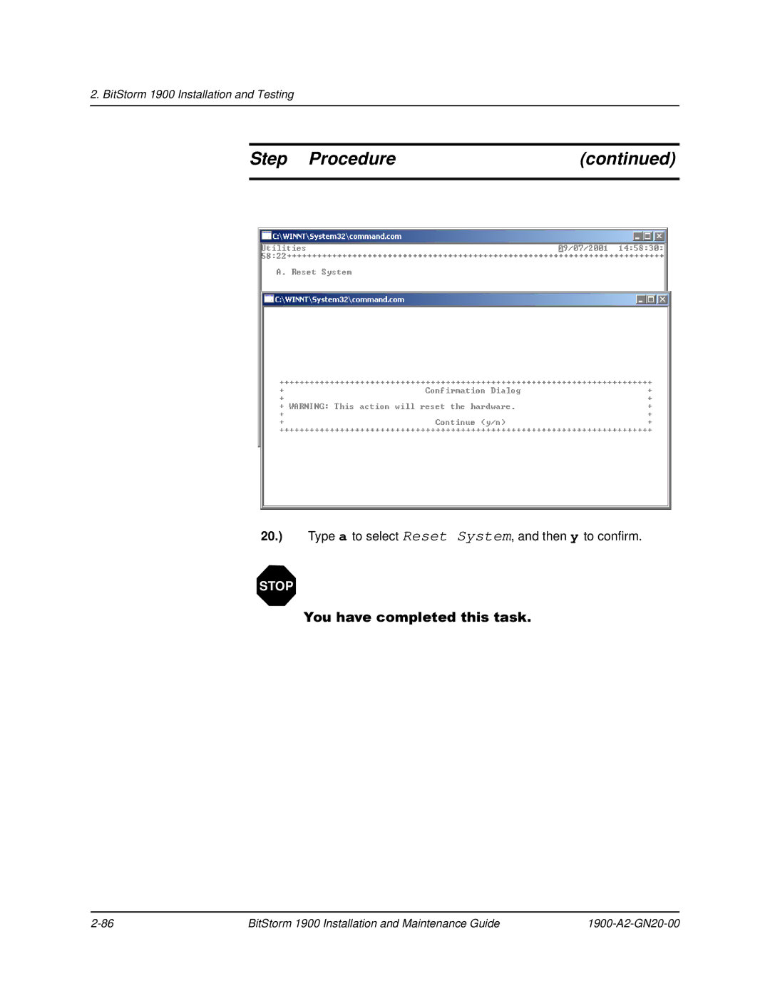 Paradyne 1900 manual Type a to select Reset System, and then y to confirm 