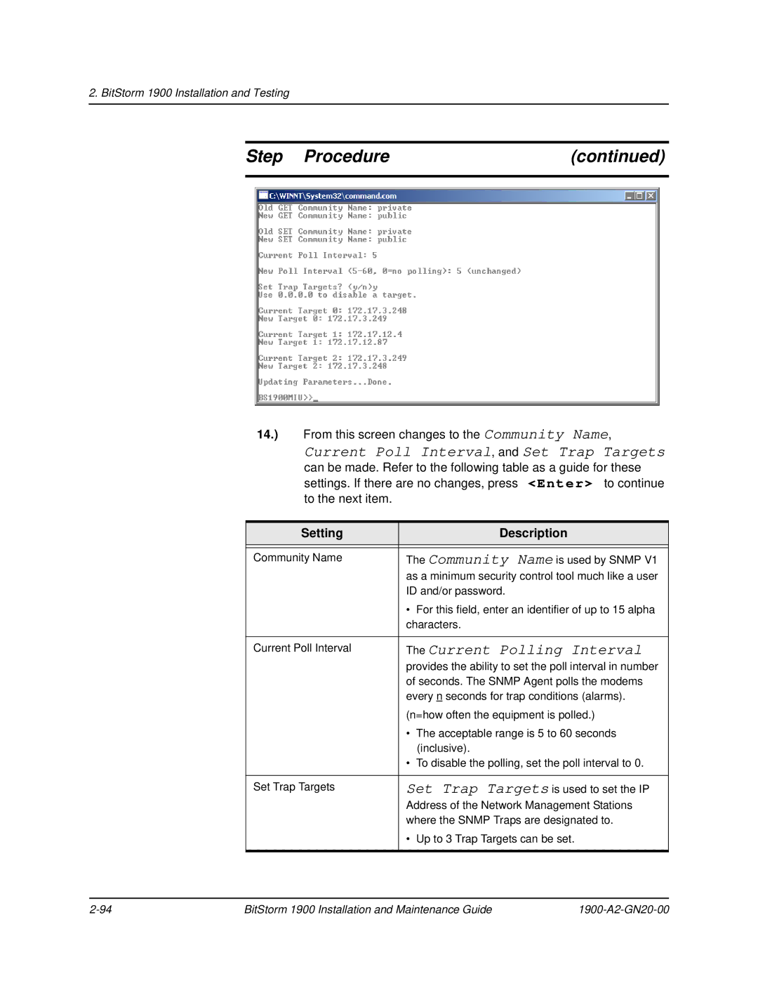 Paradyne 1900 manual Current Poll Interval, and Set Trap Targets, Setting Description 