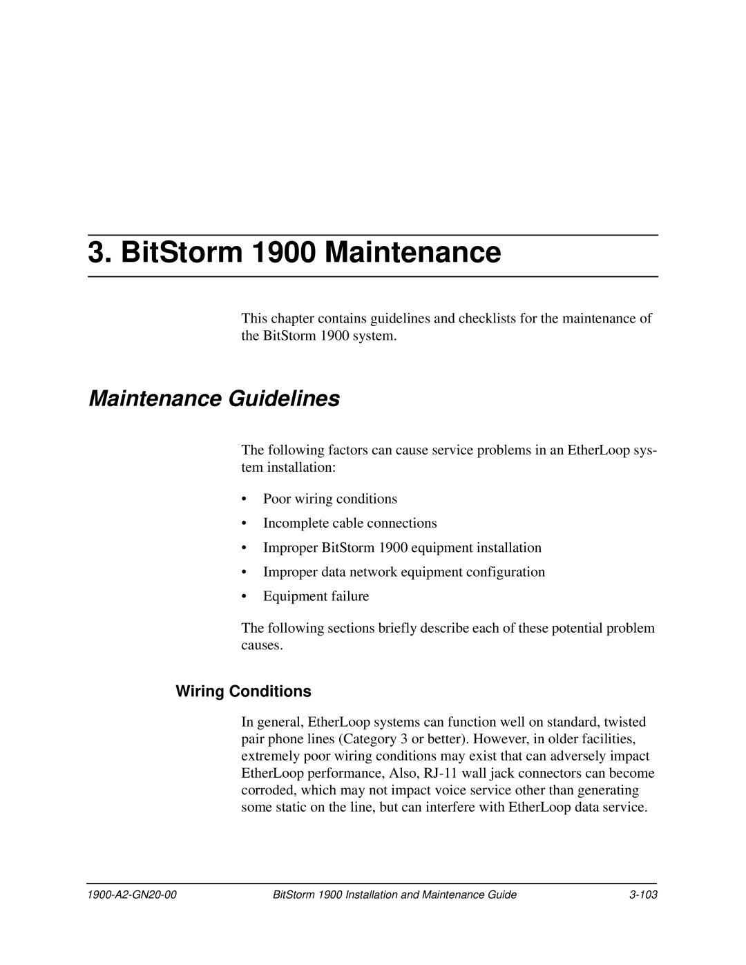 Paradyne 1900 manual Maintenance Guidelines, Wiring Conditions 