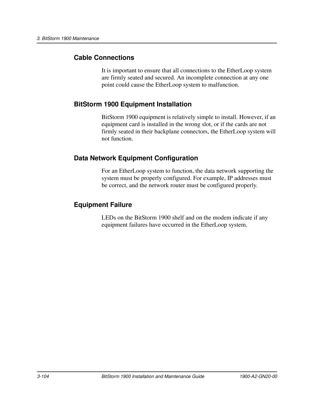 Paradyne manual Cable Connections, BitStorm 1900 Equipment Installation, Data Network Equipment Configuration 