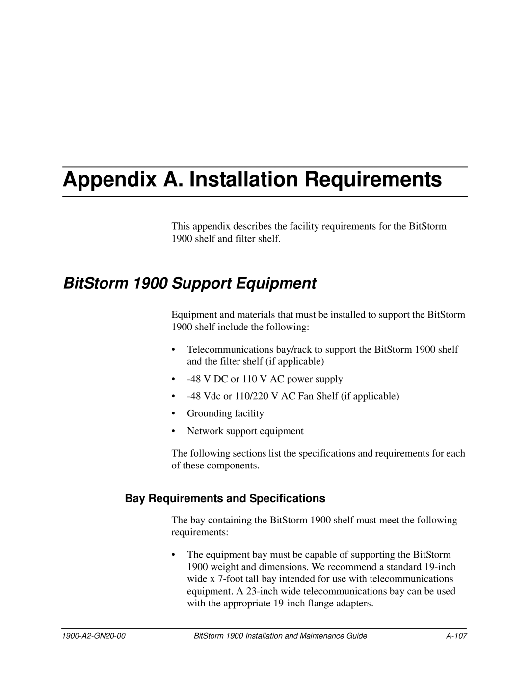 Paradyne manual BitStorm 1900 Support Equipment, Bay Requirements and Specifications 