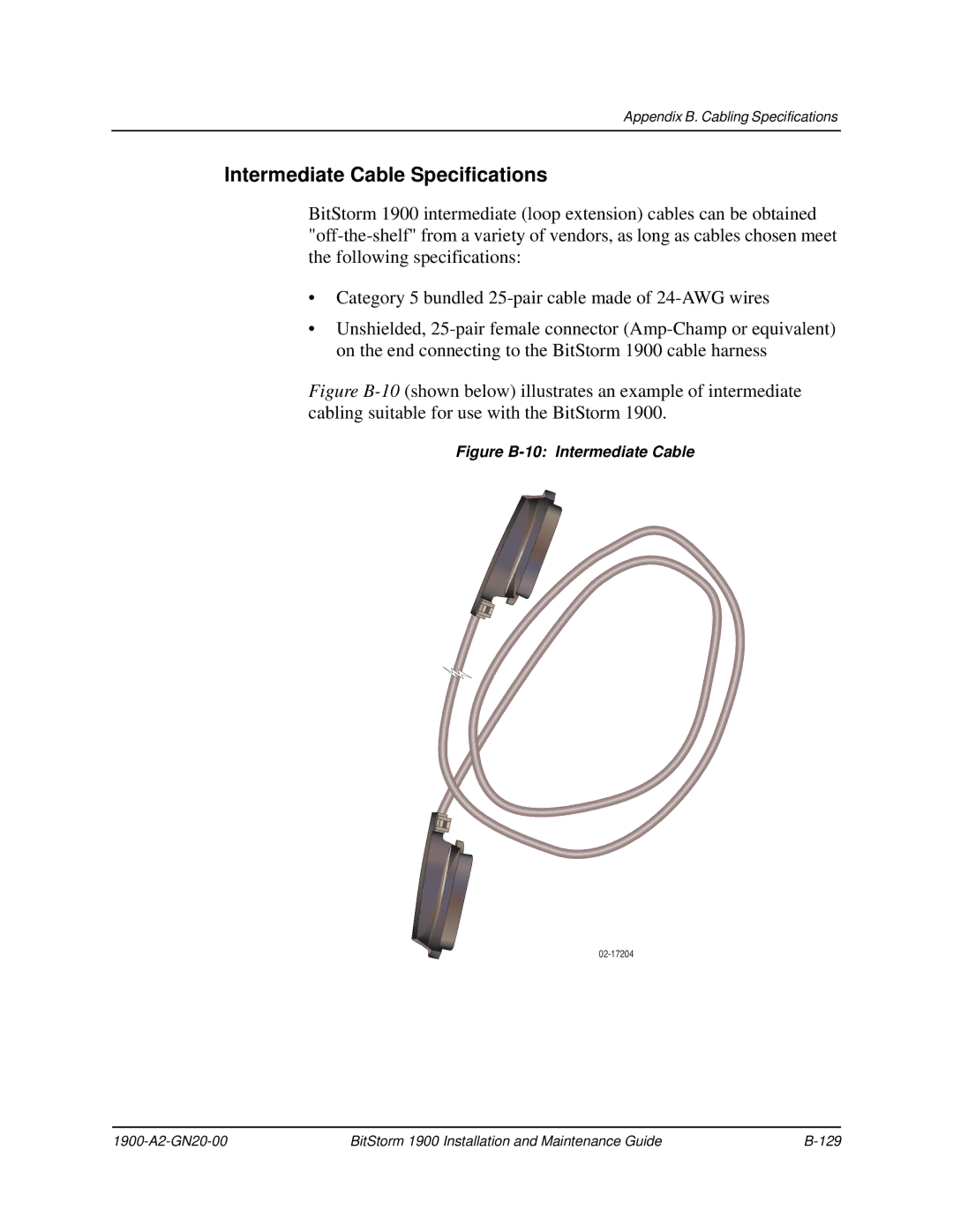 Paradyne 1900 manual Intermediate Cable Specifications, Figure B-10 Intermediate Cable 