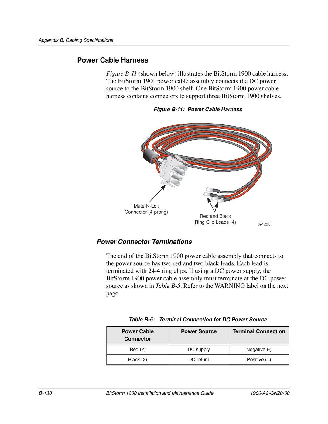 Paradyne 1900 manual Power Cable Harness, Power Connector Terminations, Table B-5 Terminal Connection for DC Power Source 