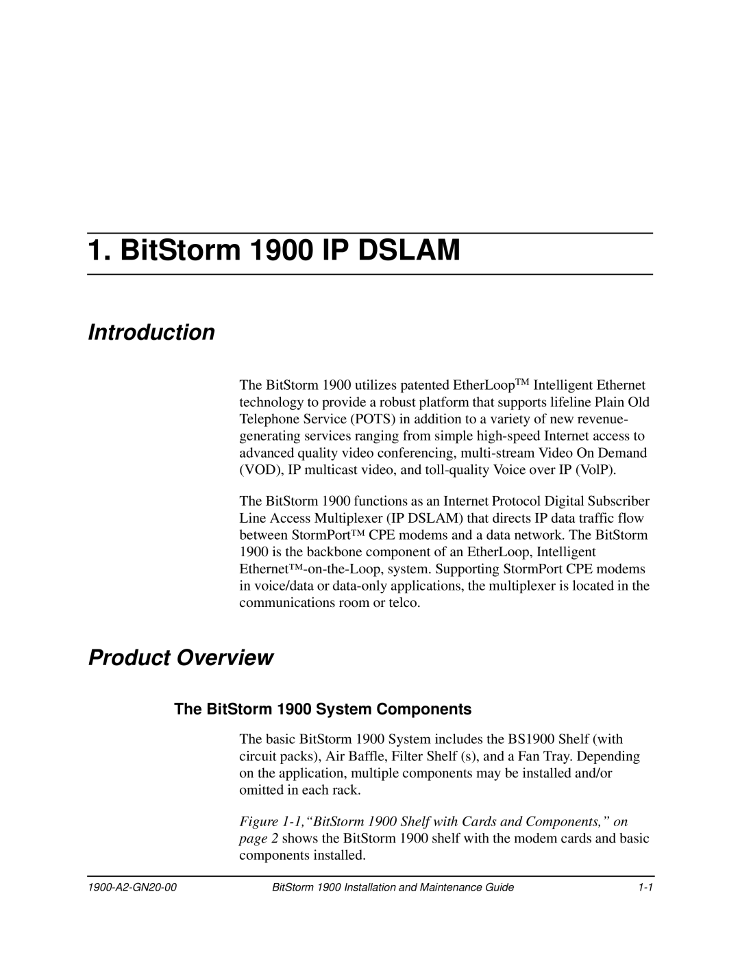 Paradyne manual Introduction, Product Overview, BitStorm 1900 System Components 