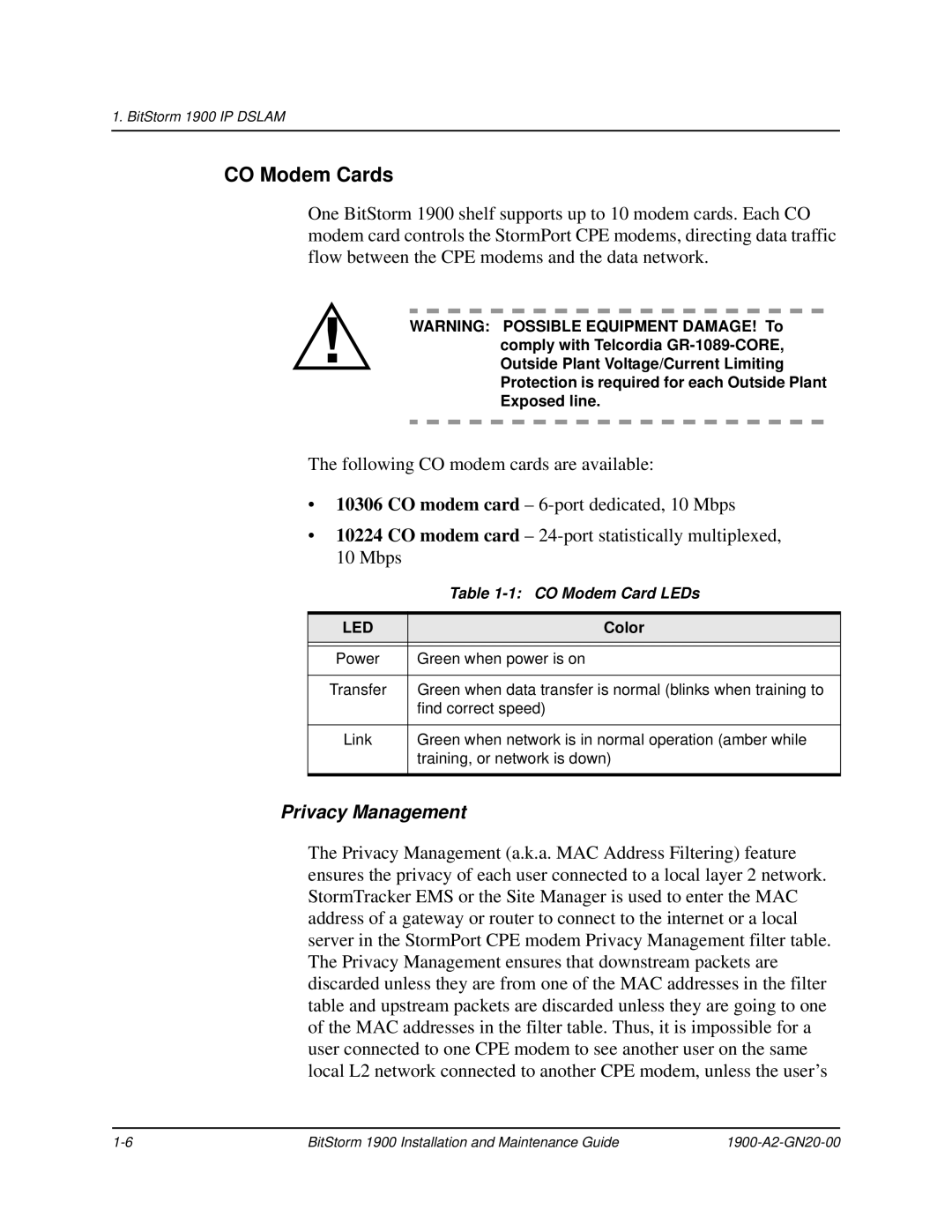 Paradyne 1900 manual CO Modem Cards, Privacy Management, CO Modem Card LEDs, Color 