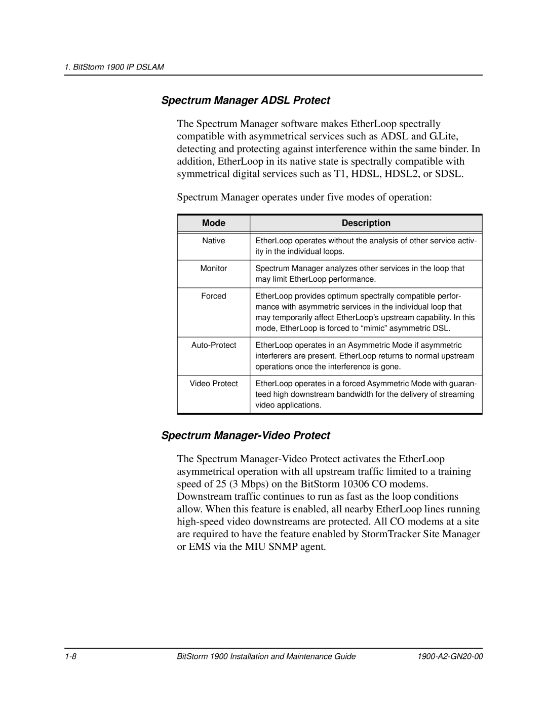 Paradyne 1900 manual Spectrum Manager Adsl Protect, Spectrum Manager-Video Protect, Mode Description 