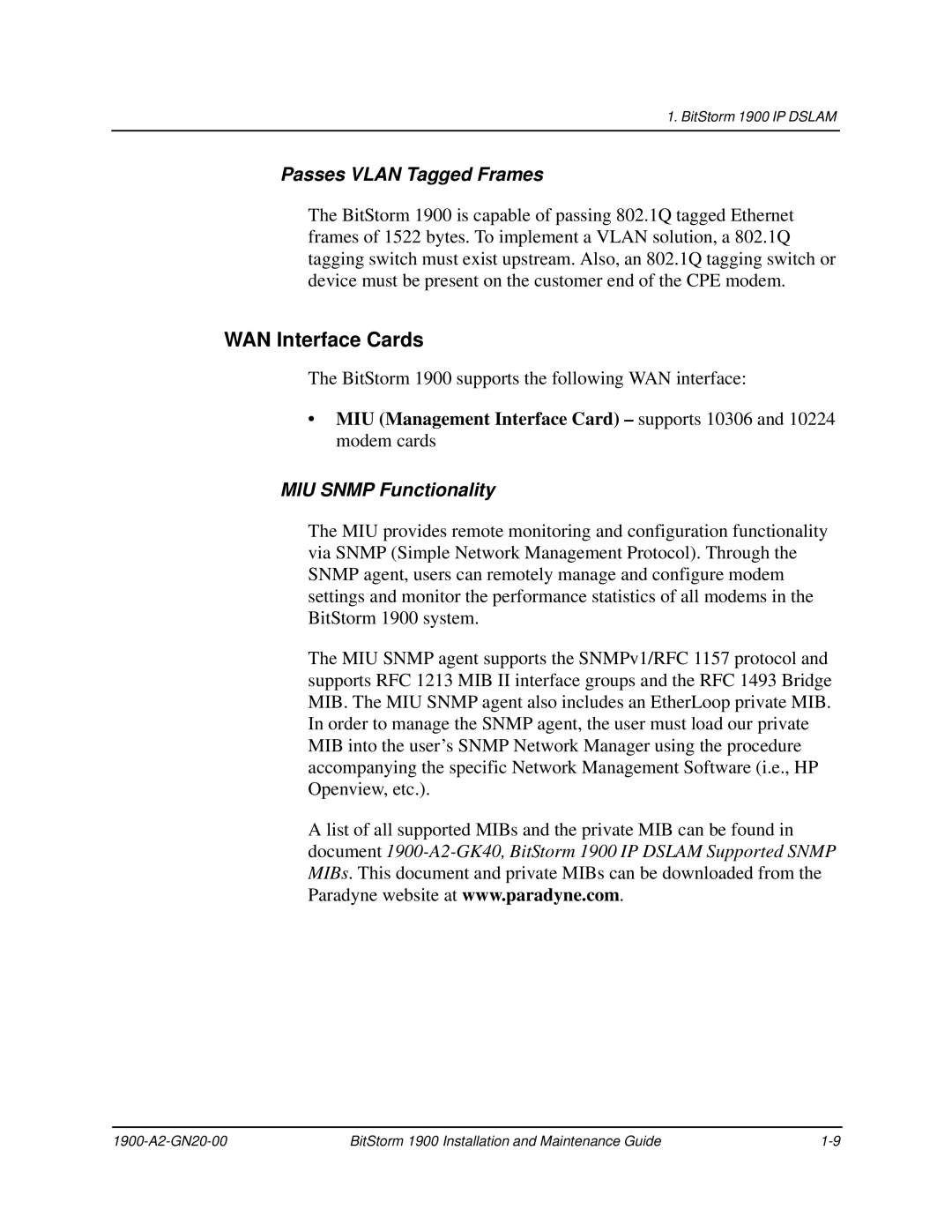 Paradyne 1900 manual WAN Interface Cards, Passes Vlan Tagged Frames, MIU Snmp Functionality 