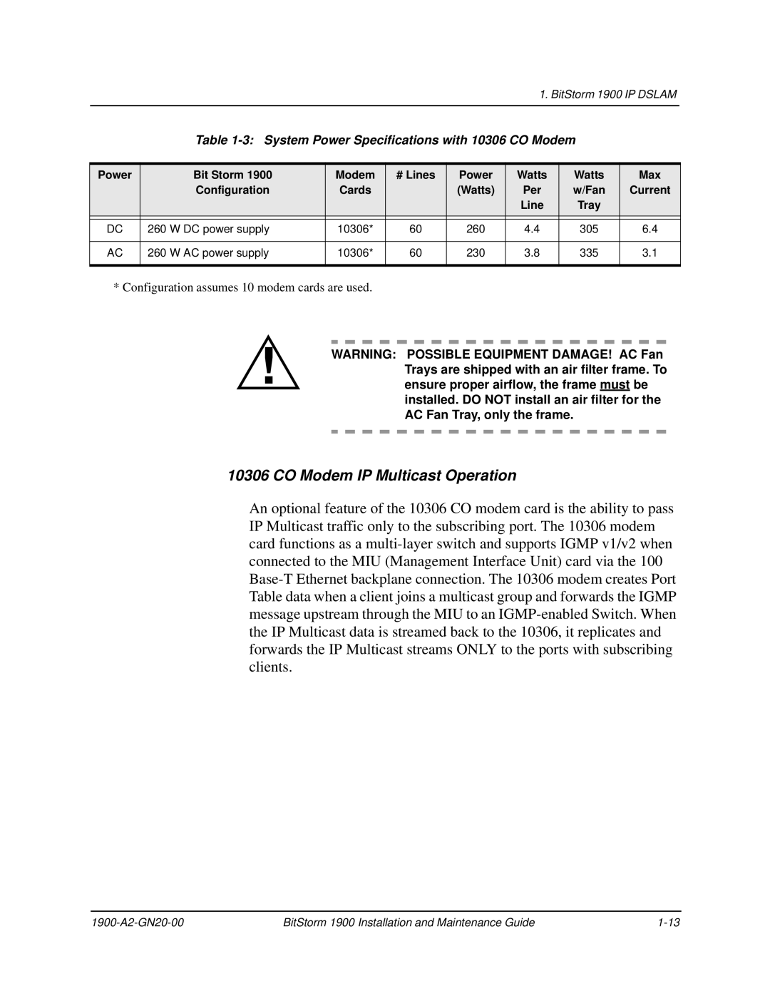 Paradyne 1900 manual CO Modem IP Multicast Operation, System Power Specifications with 10306 CO Modem 