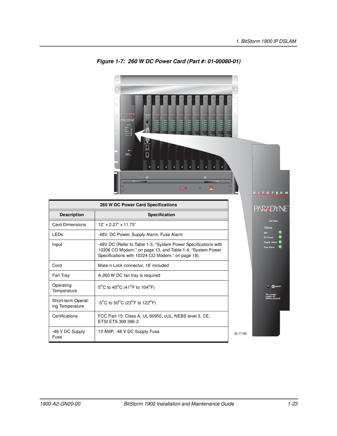 Paradyne 1900 manual W DC Power Card 