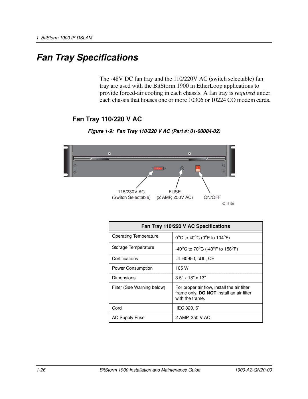 Paradyne 1900 manual Fan Tray Specifications, Fan Tray 110/220 V AC Specifications 