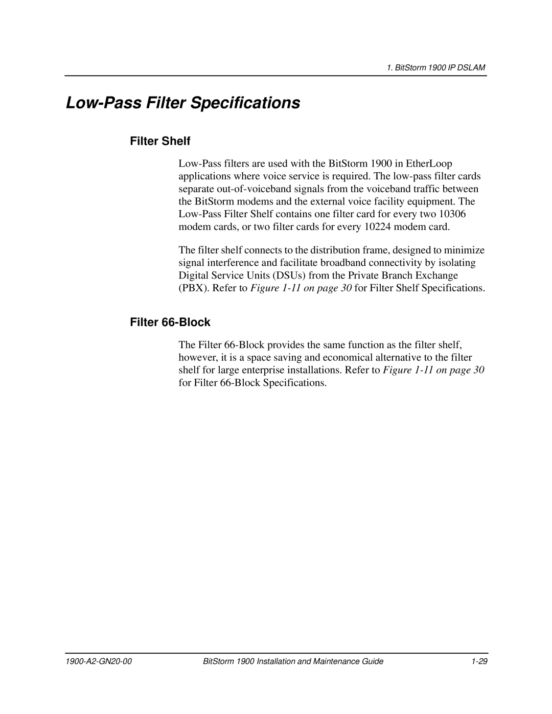 Paradyne 1900 manual Low-Pass Filter Specifications, Filter Shelf, Filter 66-Block 