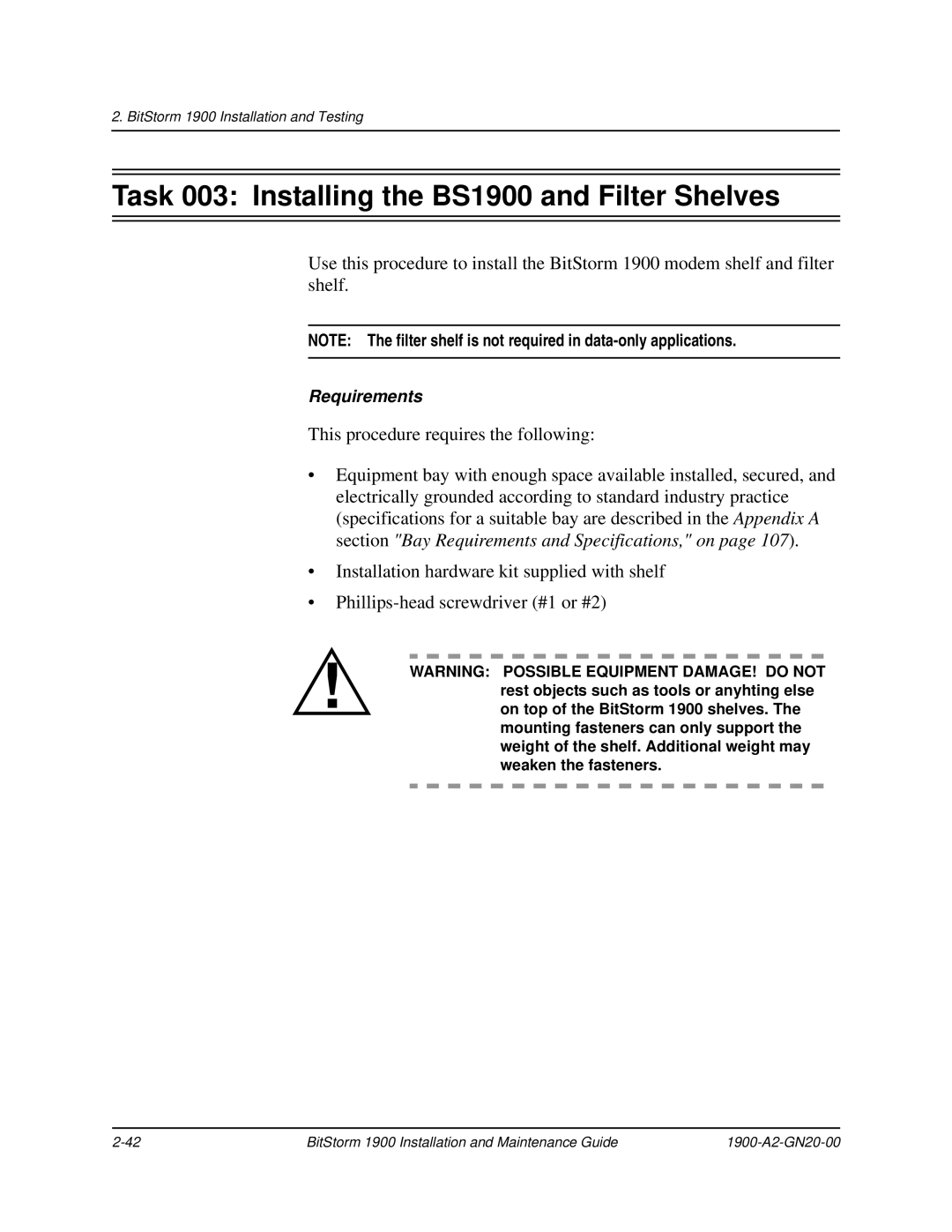 Paradyne manual Task 003 Installing the BS1900 and Filter Shelves 