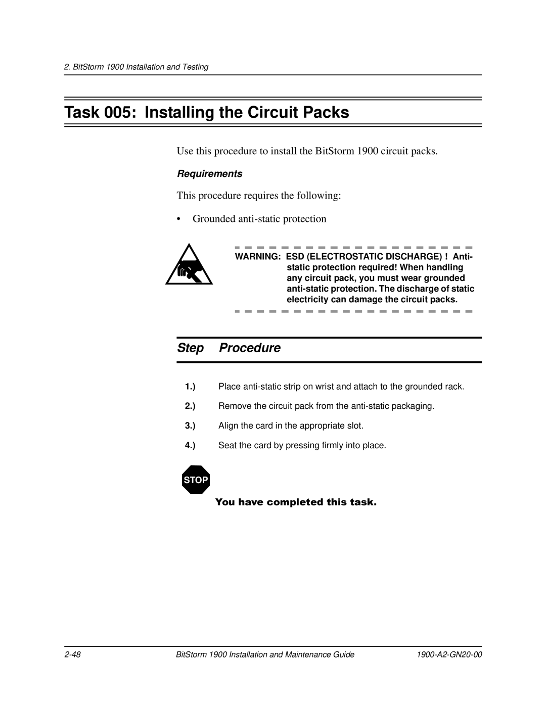 Paradyne 1900 manual Task 005 Installing the Circuit Packs 