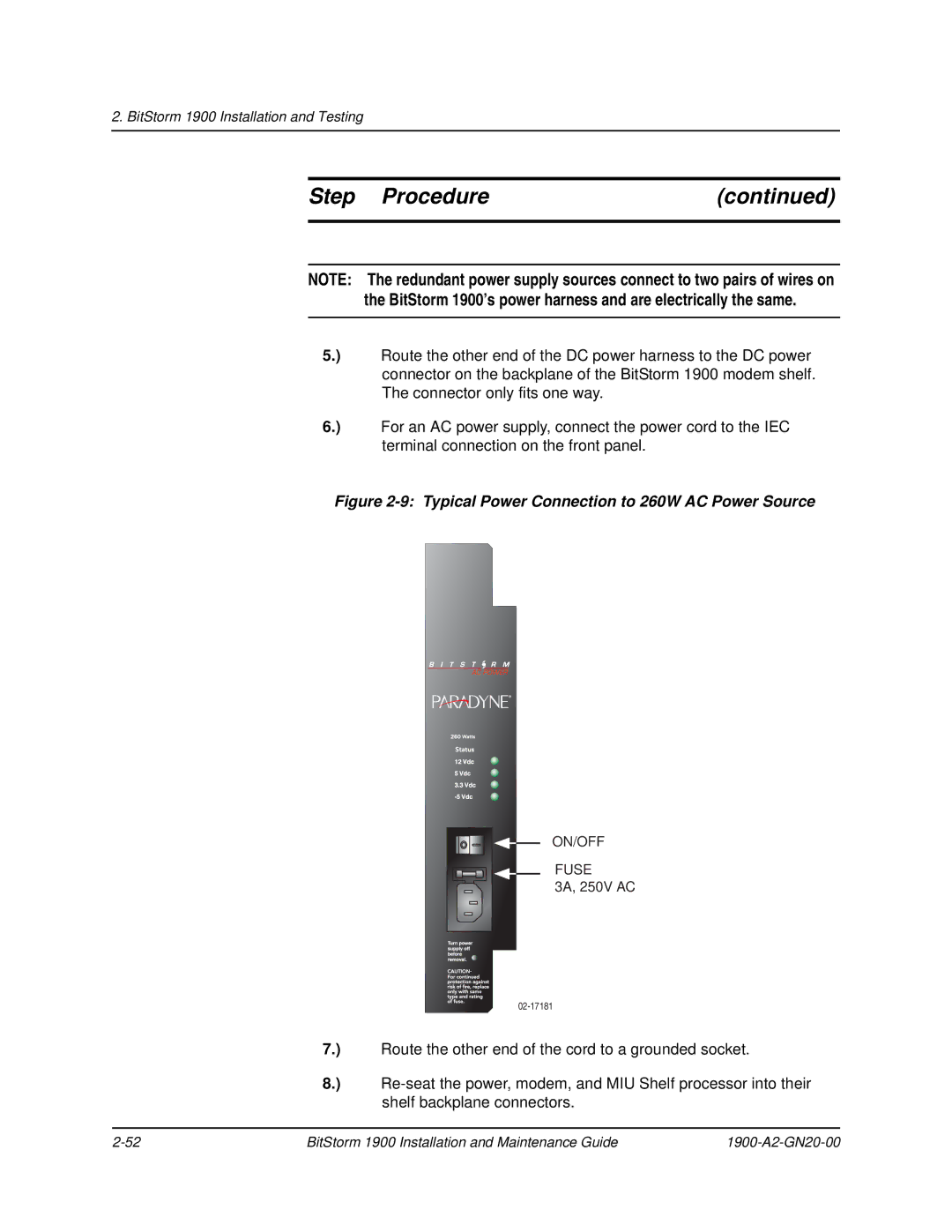 Paradyne 1900 manual Typical Power Connection to 260W AC Power Source 