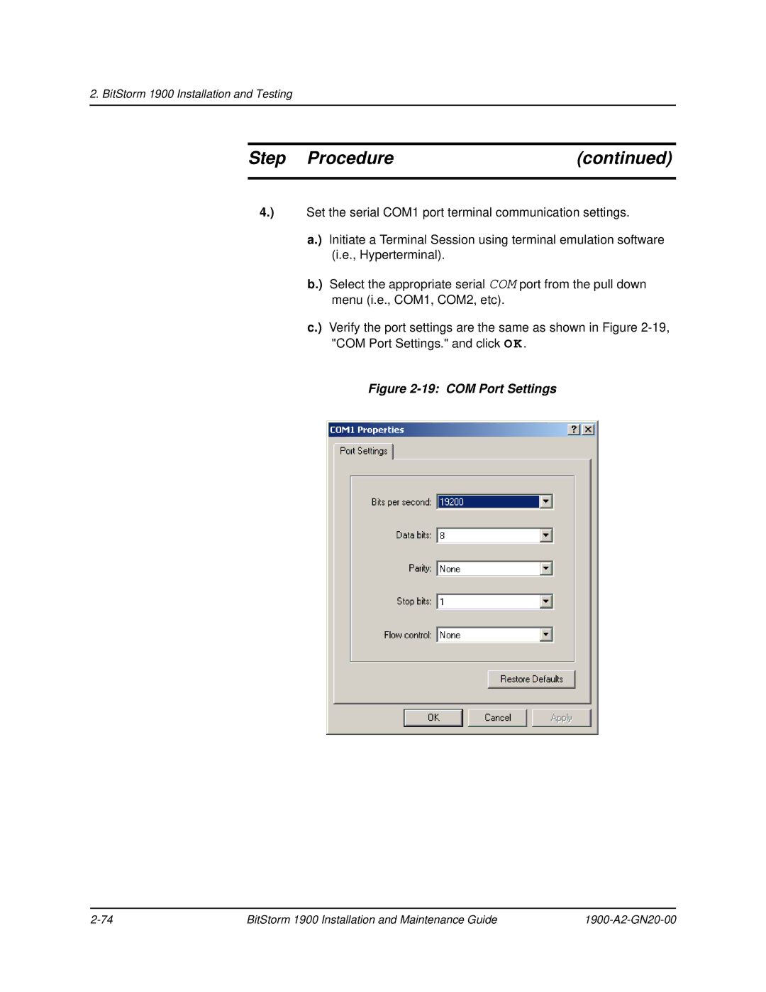 Paradyne 1900 manual COM Port Settings 