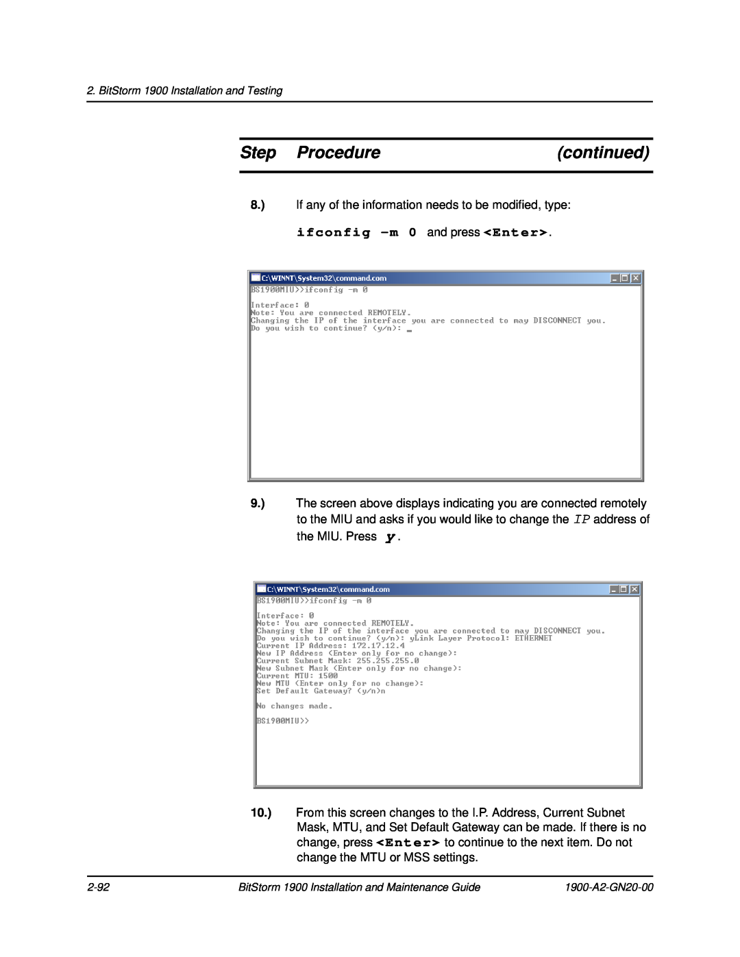 Paradyne 1900 manual Step Procedure, continued, ifconfig -m 0 and press Enter 