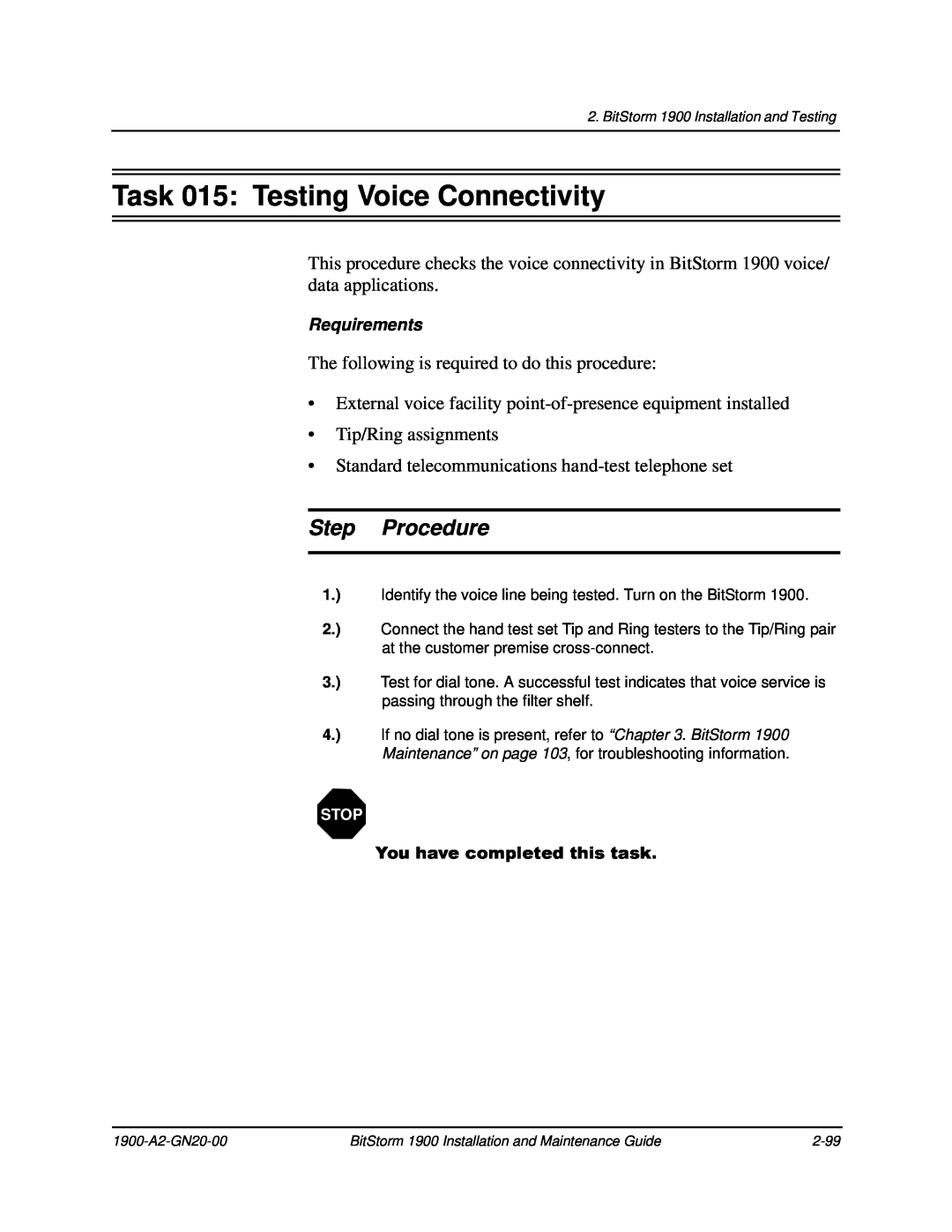 Paradyne 1900 manual Task 015 Testing Voice Connectivity, Step Procedure 