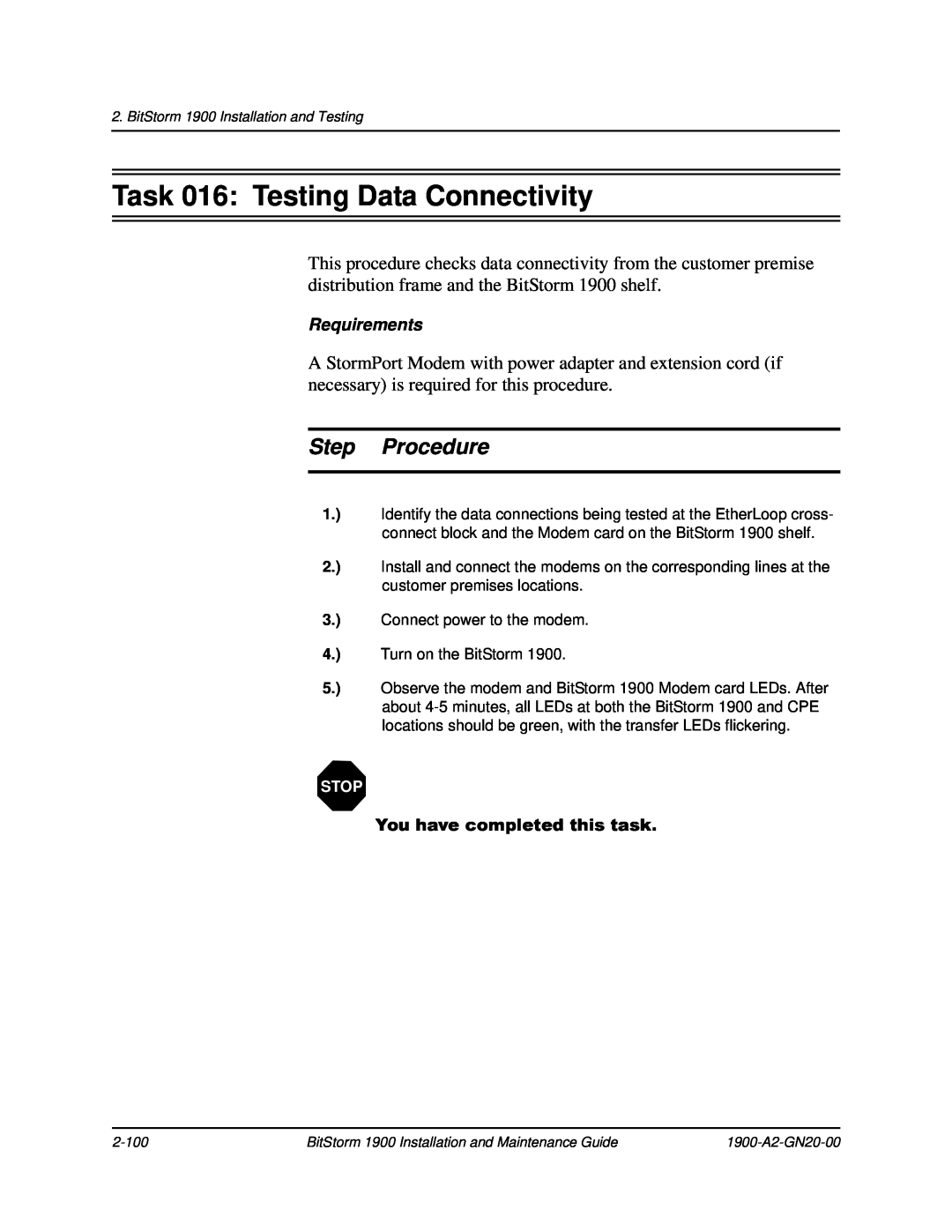 Paradyne 1900 manual Task 016 Testing Data Connectivity, Step Procedure 