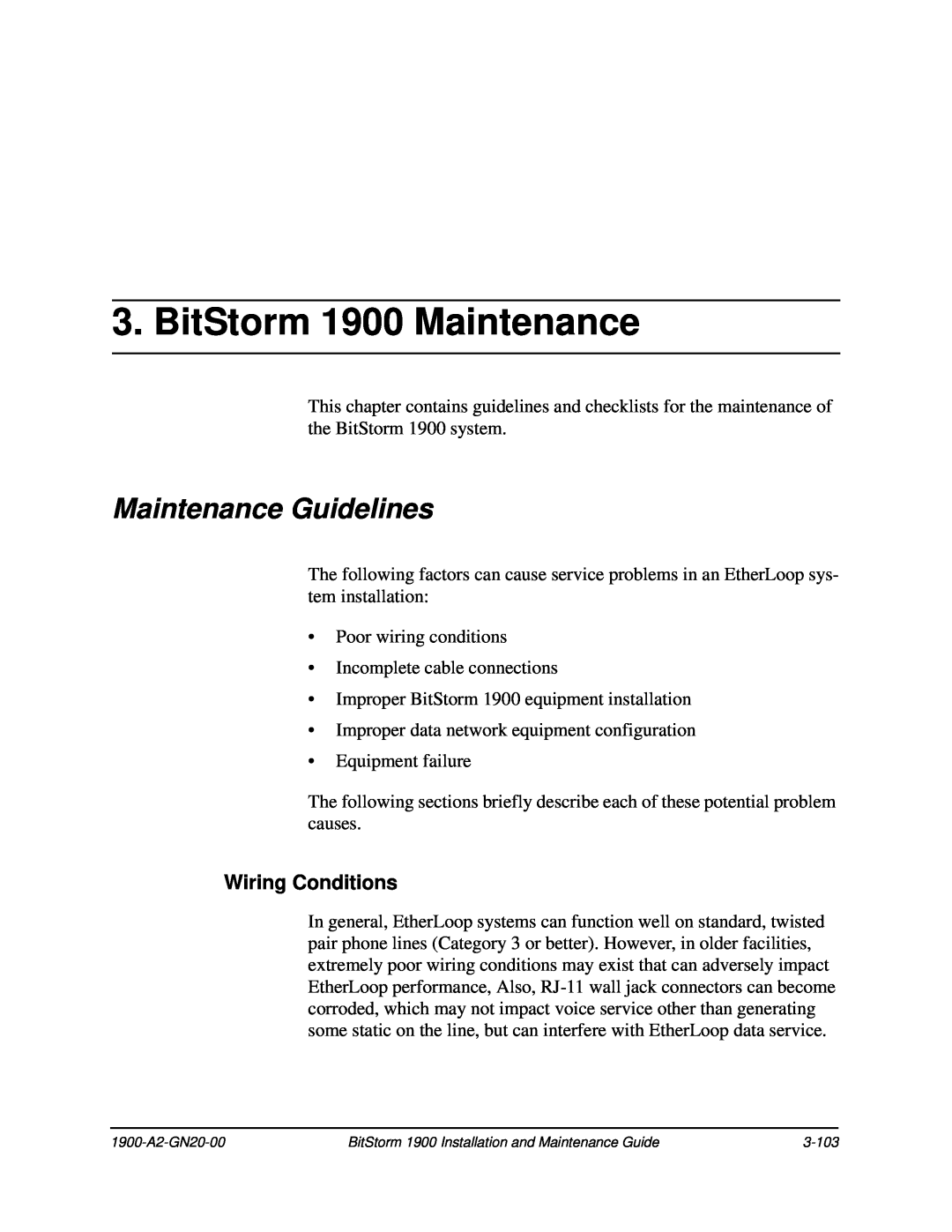 Paradyne manual BitStorm 1900 Maintenance, Maintenance Guidelines, Wiring Conditions 