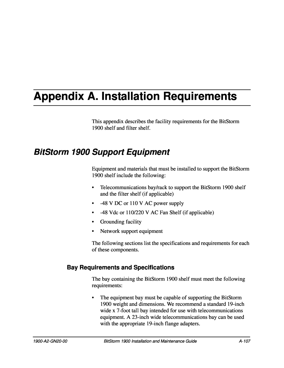 Paradyne Appendix A. Installation Requirements, BitStorm 1900 Support Equipment, Bay Requirements and Specifications 