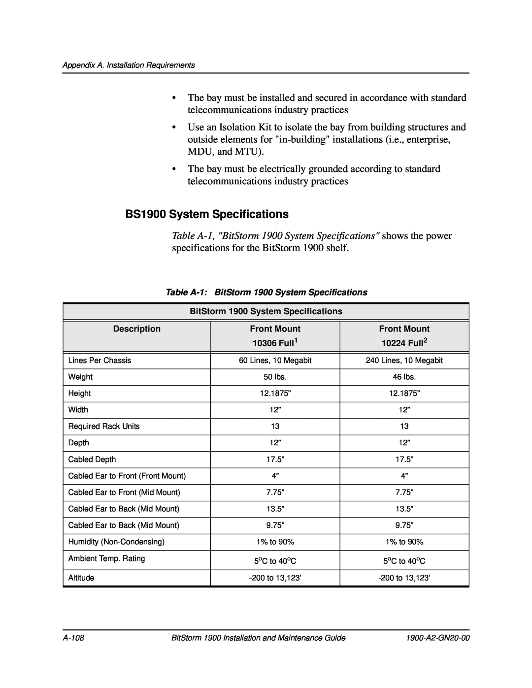 Paradyne manual BS1900 System Specifications, Table A-1 BitStorm 1900 System Specifications 