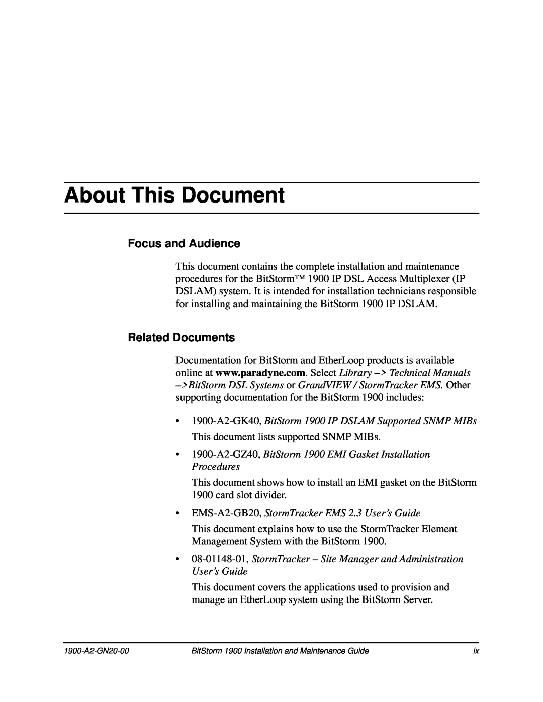Paradyne 1900 About This Document, Focus and Audience, Related Documents, EMS-A2-GB20, StormTracker EMS 2.3 User’s Guide 